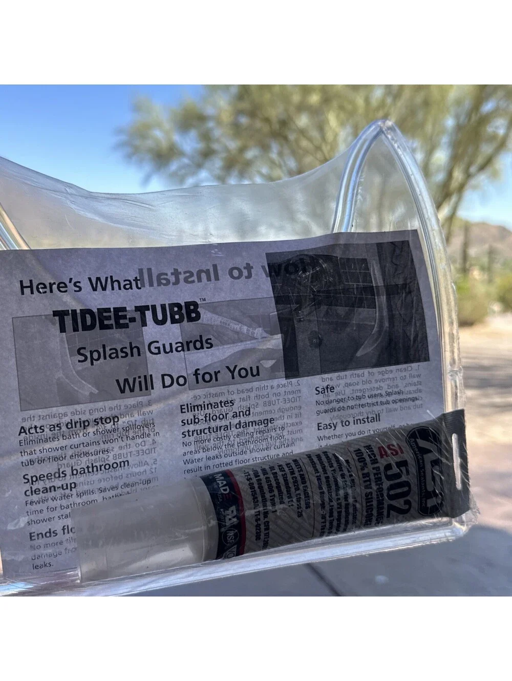 Tidee-Tubb Shower Splash Guard Clear Bathtub Corner Splash Guard W Silicone -NEW